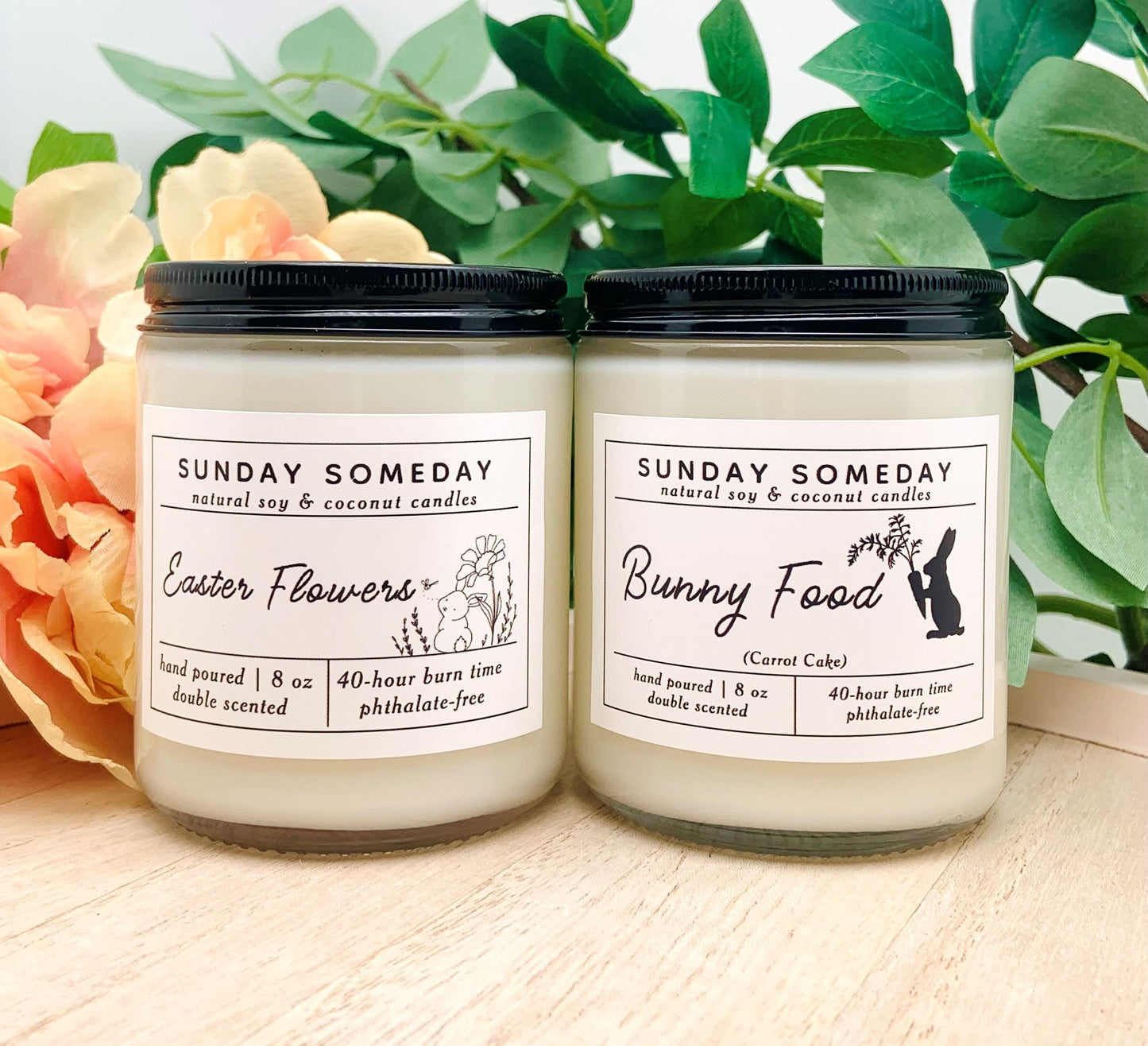 Easter Candle Gift Set | Carrot Cake and Easter Flowers | Sunday Someday Soy & Coconut Wax Candles | Vegan | Non-Toxic | 8 oz | Set of 2