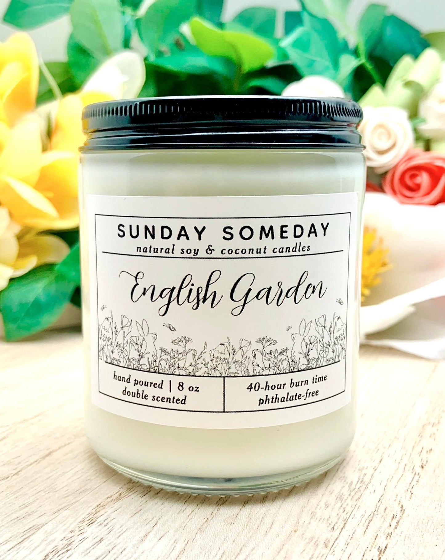 English Garden Candle | Floral | Sunday Someday Soy & Coconut Wax Candles | Single Wood or Cotton Wick | Spring | Vegan | Non-Toxic | 8 oz.