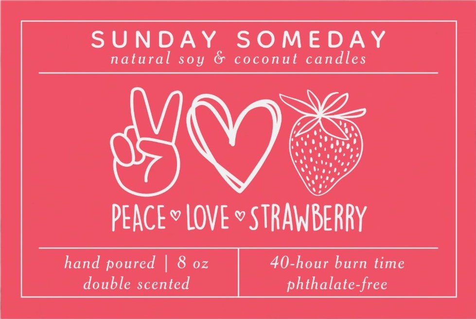 PEACE LOVE STRAWBERRY | Strawberries and Cream | Hippie Boho Retro | Sunday Someday Soy & Coconut Wax Candles | Vegan | Non-Toxic | 8 oz