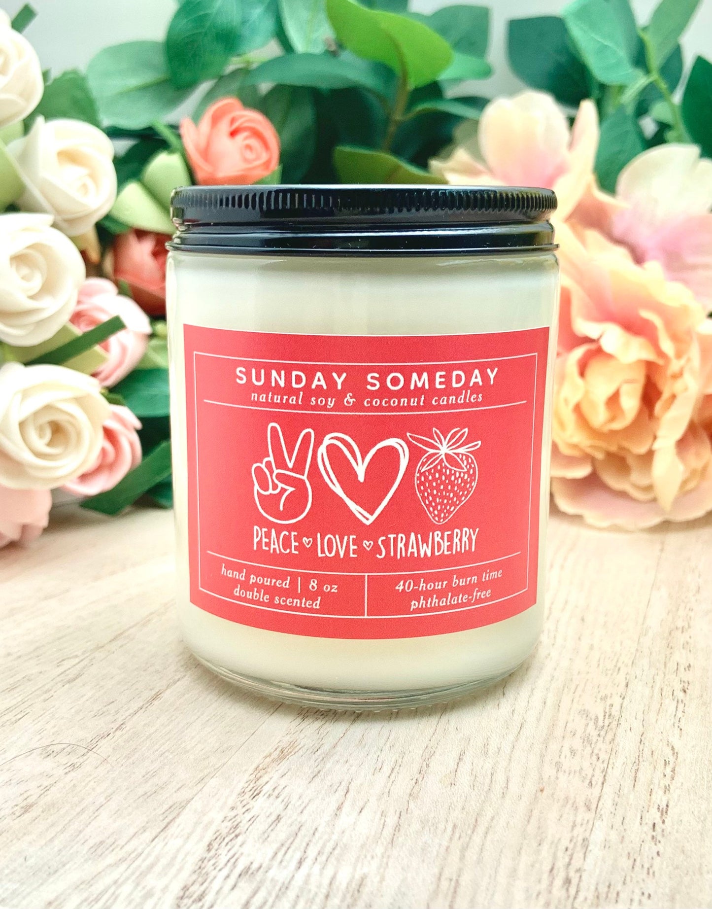 PEACE LOVE STRAWBERRY | Strawberries and Cream | Hippie Boho Retro | Sunday Someday Soy & Coconut Wax Candles | Vegan | Non-Toxic | 8 oz