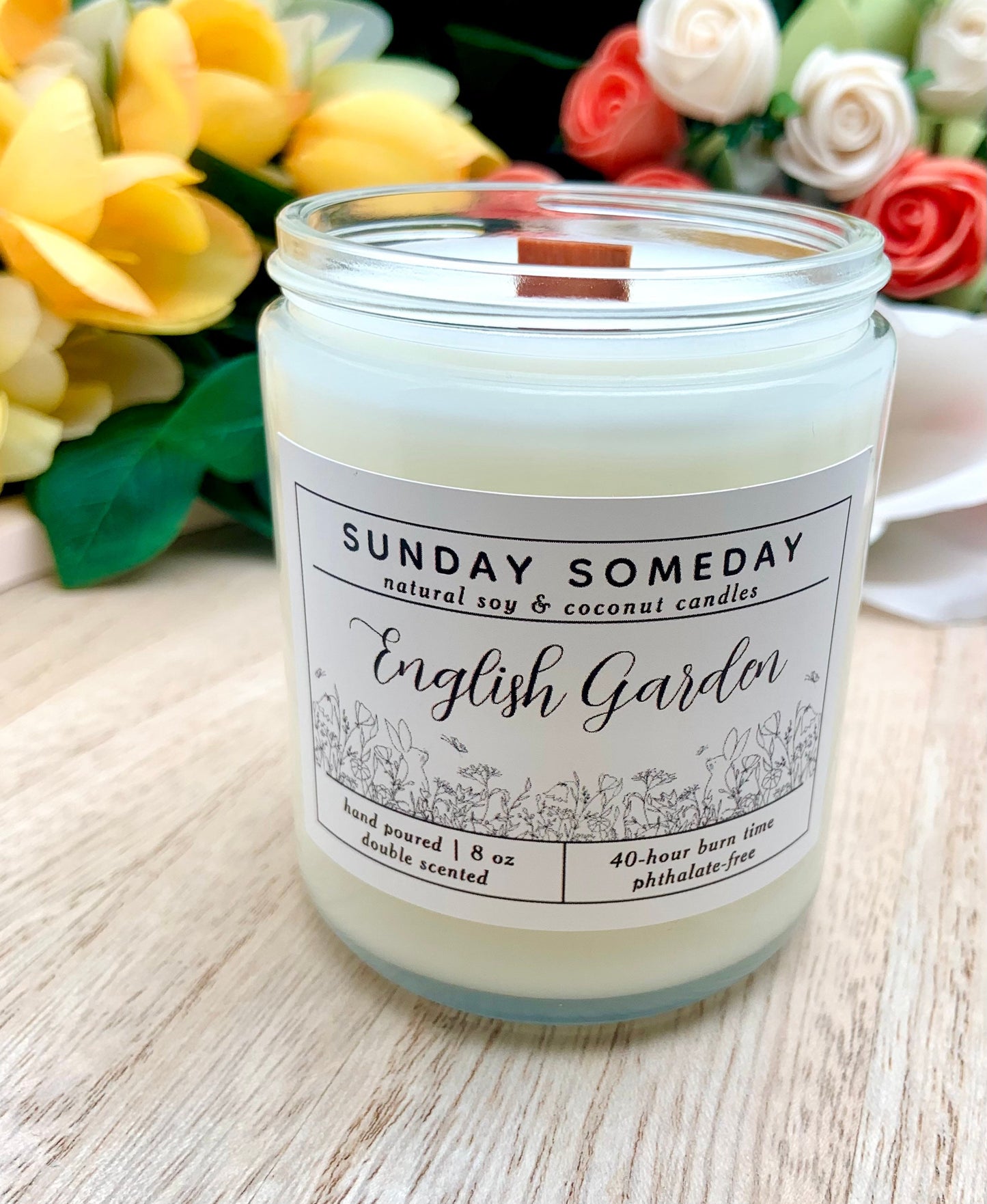 English Garden Candle | Floral | Sunday Someday Soy & Coconut Wax Candles | Single Wood or Cotton Wick | Spring | Vegan | Non-Toxic | 8 oz.