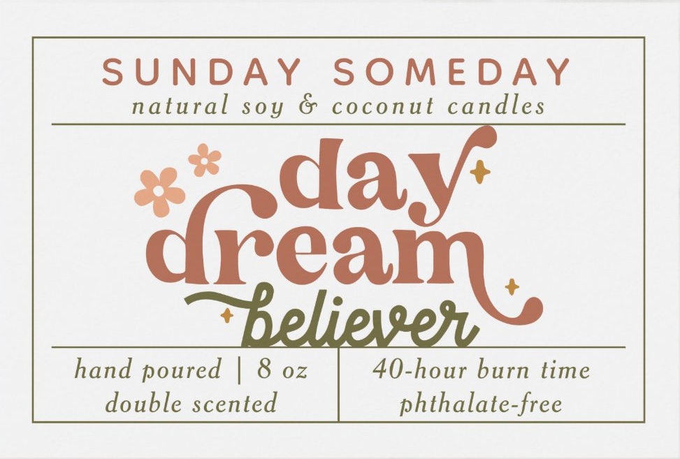 Day Dream Believer | Boho Candles | Retro Modern Hippie Candle | Daydream | Gifts | 25+ Scents | Vegan | Non-Toxic | SUNDAY SOMEDAY | 8 oz