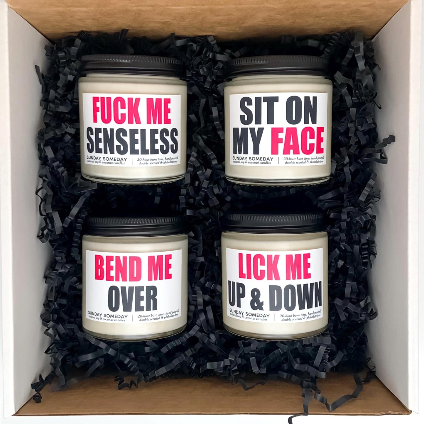 Sexy Candle Gift Set of 4 | NSFW Sexy Valentine's Fun Couples Love | Vegan | SUNDAY SOMEDAY  | Coconut Soy Wax | Wood or Cotton Wicks